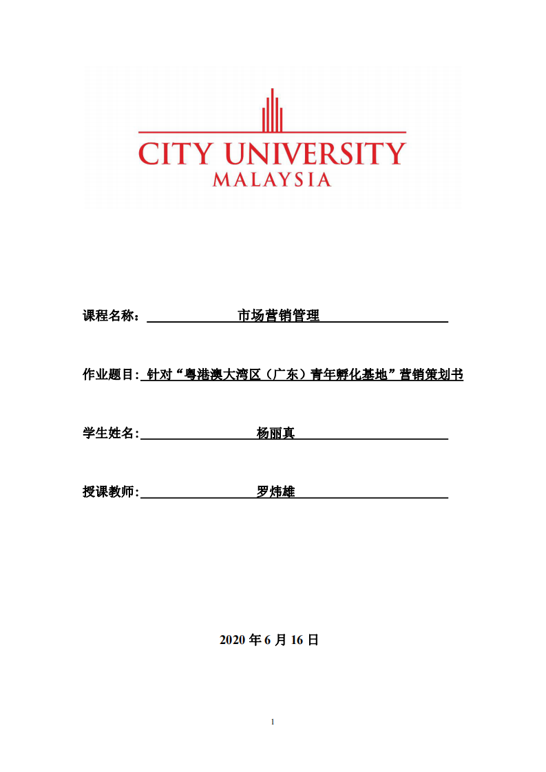  针对“粤港澳大湾区（广东）青年孵化基地”营销策划书                          -第1页-缩略图