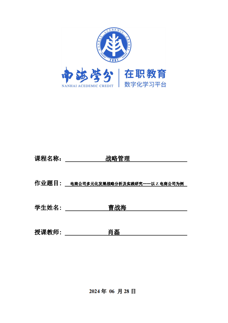 電商公司多元化發(fā)展戰(zhàn)略分析及實(shí)踐研究——以Z電商公司為例-第1頁-縮略圖